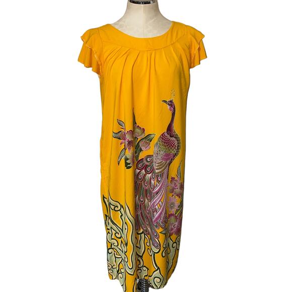 Boho Indie Floral Peacock Print Bright Colored Dress with capped Ruffle Sleeves - Picture 5 of 8